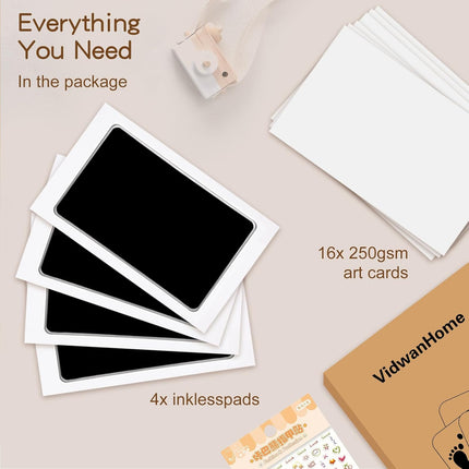 Kit Completo de Huellas para Bebés y Mascotas 4 Piezas – Almohadilla de Tinta Sin Tinta, Limpia y Segura para Huellas Memorables, Sin Burbujas ni Manchas, Incluye 16 Tarjetas Blancas (Negro Ópaco)